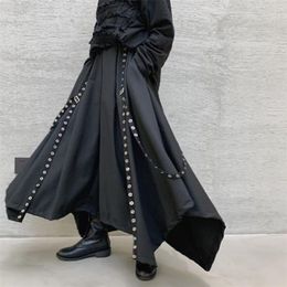 Men Ribbon Dark Black Wide Leg Pants Male Women Japan Punk Gothic Harem Trousers Kimono Skirt Pants 201126