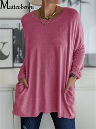 Women Autumn Fashion Tunic Top Pocket Solid Colour Loose Round Neck Long sleeved T Shirt Streetwear Casual Vintage Pullovers 220714