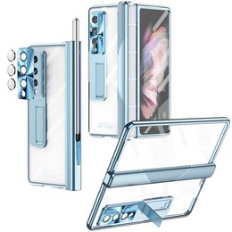 Transparent Hinge Cases For Samsung Galaxy Z Fold 3 5G Case Tempered Glass Clear Plating Hard Pen Slot Protection Cover Screen Protector