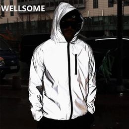 Plus Size Streetwear Noctilucent Men full reflective Windbreaker waterproof Jacket male High street hip hop Loose Hooded Coats 220808