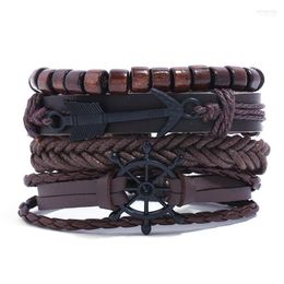 Jessingshow 4pcs/set Handmade Boho Gypsy Hippie Brown Leather Rope Cord Arrow Rudder Charm Multi-layer Men Women Wrap Bracelets Bangle Inte2