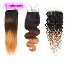Brazilian Human Virgin Hair 1B/4/27 Silky Straight Body Wave Deep Wave 4X4 Lace Closure Free Part Ombre Colour 10-24inch