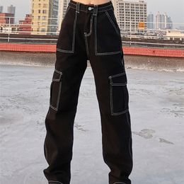 Weekeep Pockets Patchwork Baggy Fashion Streetwear 100% Cotton Women Denim Trouser Loose Cargo Pants Korean Jeans Harajuku 220722