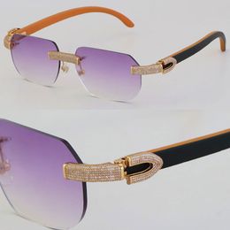 Neue Designer-Sonnenbrille aus Metall mit Mikropavé und Diamantbesatz, randlos, luxuriös, innen schwarz, orangefarbenes Holz, quadratische Sonnenbrille, Outdoor-Design, klassisches Modell, Brille mit goldenem Rahmen