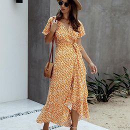 Casual Dresses Summer Maxi Dress Women Polka Dot Sexy V Neck Ruffles Short Sleeve Holiday Long Beach Sundress Ladies Lace Up Wrap Party Dres