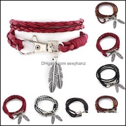 Charm Bracelets Jewelry Keychain Feather Bracelet Leather Diy Weave Rope Bangles Men Women Jewelery Hooks Buckle J Dh7Ug