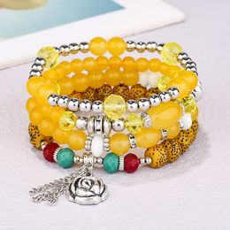 S2977 Bohemian Fashion Jewellery Colourful Strands Beaded Bracelet Handmade Multi Layer Tassels Beads Rose Pendant Charms Bracelets 4pcs/set