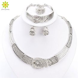 -Mujeres Plata/oro Dubai Africano Cz Diamante Diamante Austriaco Collar Collar de cristal Anillo de arete Joya de boda230S