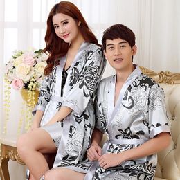 Men's Sleepwear Gray Print Women Robe Set Faux Silk Men Nightgown Summer Sleep Male Kimono Gown Casual Bathrobe Home ClothingMen's