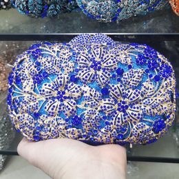 Evening Bags Gold Metal Blue Rhinestone Crystal Clutch High Quality Diamond Gemstone Clutches Wedding Purse Chain HandbagsEvening