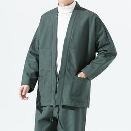 Men's Jackets 2022 Men Fleece Chinese Style Linen Jacket Thick Wool Hanfu Male Cotton Retro Kimono Cardigan M-3XL