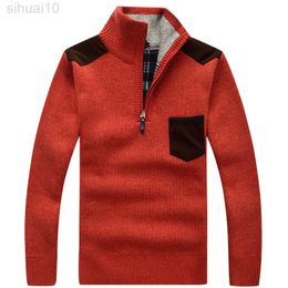 New Winter Men's Sweater Knitted Male Wool Fleece Thick Casual Patchwork Warm Pocket Standing Collar L220801