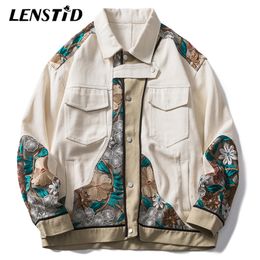 LENSTID Autumn Mens Streetwear Cargo Jackets Hip Hop Colour Block Patchwork Embroidery Windbreaker Harajuku Casual Outwear Coats