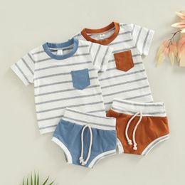 Summer Europe Infant Baby Boys Set Kids Short Sleeve Stripe T-shirt Shorts 2pcs Set Children Outfits