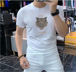 2022 Men's T-Shirts summer new net red tiger head T-shirt men's fashion personality hot drill European goods slim short-sleeved thin top