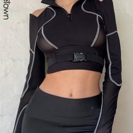 Sweetown Hollow Out Shoulder Black Goth Woman Tshirts With Buckle Zip Up Slim Sexy Girl Techwear Stripe Long Sleeve Autumn Tee 220407