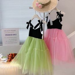 15919 Kids Girls Summer Party Suspender Dress Children Bowknot Tulle Lace Patchwork Skirt Casual Princess Dress