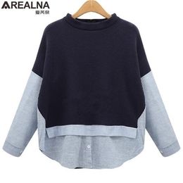 AREALNA Autumn sweatshirt women Style Striped Patchwork Navy Pullover Loose Casual hoodies for women Plus Size XL-5XL 201210