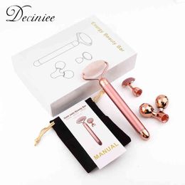 3 In 1 Vibrating Facial Jade Roller Set Rose Quartz Stone with 3 Replaceable Heads Face Slimming Lifting Massager 220512