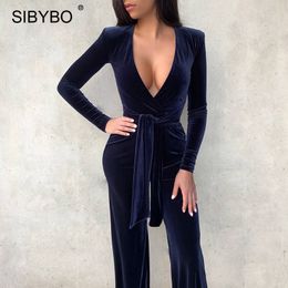 Sibybo Black Velvet VNeck Jumpsuit Women Fall Winter Long Sleeve Wide Legs Jumpsuits Femme Streetwear Lace Up Overalls 220801