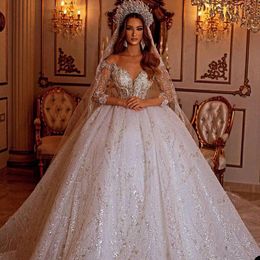 Princess Ball Gown Wedding Dresses Shiny Sequins Off Shoulder V Neck Long Sleeve Strapless Lace Sequins Beaded Floor Length Train Vintage Robes De Soiree