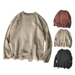 Men Wash Hole Ripped Knit Sweaters Solid Colour Ripped O Neck Oversized Couple Sweater Winter Cool Boy Mens Clothes Streetwear 220817