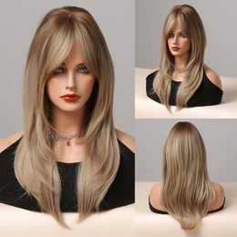 Layered Middle Long Synthetic Wigs with Bangs Omber Brown Dark Roots Wig for Women Cosplay Party Daily Heat Resistant Fiberfactory direct