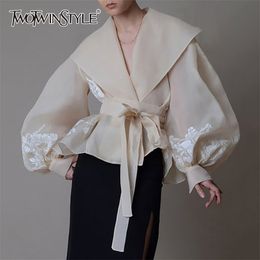 TWOTYLE Vintage Organza Women Blouse Lapel Collar Lace Up Bow Lantern Long Sleeve Hit Color Shirt Female Fashion 220815