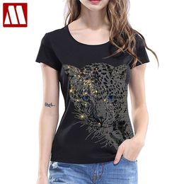 Boho Black Leopard Head Graphic Tees Women Cotton Short Sleeve O Neck Tshirt Fashion Diamond T-shirt Casual T shirts 220321