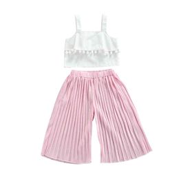 Citgeett Summer Kids Girls Outfit Sweet Style Solid Colour Sleeveless Garter Top Wide Pipes Pants Clothing Set J220711