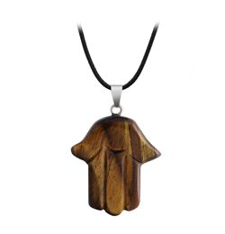 Tiger Eye Cute Healing Crystal Hand Necklace for Women Men Hamsa Hand Fatima Pendant Chain Hip Hop Jewelry