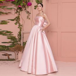 Fancy Pink Satin Big Bow Prom Dresses Back Strapless Sleeveless A Line Custom Made Floor Length Bridesmaid Prom Dresses