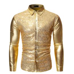 Gold Patchwork Sequin Glitter Shirt Men Camisa Masculina 2022 Fashion Shiny Night Club Wear Mens Dress Shirts Party Prom Shirt L220704