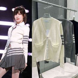 High version autumn and winter classic college style wool V-neck knitted cardigan sweater coat