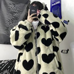 Gothic Faux Fur Coats Parka Autumn Winter Thick Coat Casual Fashion Lamb Fluffy Sweet Korean Loose Hart Pattern Warm Parka L220725