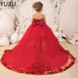 Sequined Flower Dresses Children For Weddings Tiered Kid First Holy Communion Dress Sweep Train Little Girl Pageant Gowns 403