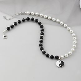 Hip Hop Tai Chi Necklaces Womens Black Beads White Pearl Gossip Pendant Necklaces Jewellery For Girls