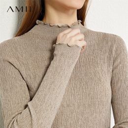 Amii Minimalismo Autumn moda feminino suéter sólido plissado magro slim fit gurtleneck suéter feminino tops 12060102 201128