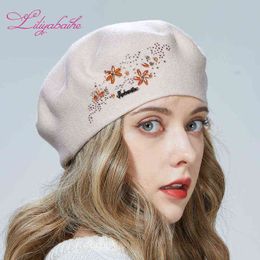 Liliyabaihe New Women Autumn And Winter Hat Wool Knitted Berets Alphabet Diamonds And Colourful Diamond Decoration J220722