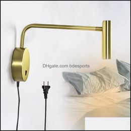 Wall Lamp Home Deco El Supplies Garden Zero Plug Lamps Led Switch Swing Arm Bedroom Mounted Bedside Headboard Book Light Reading Night Lig