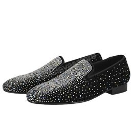 Luxurious Mixed Colors Rhinestones Men Loafers Dress Shoes For Party Black Cow Suede Classic Slip-On Male Smoking Slippers