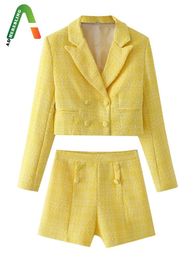 Women's Tracksuits Adherebling Suit 2022 Autumn Women 2 Piece Set Cropped Tweed Jacket Double Breasted Fitted Blazers Shorts Female OL Style