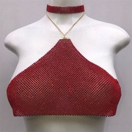 Sexy Halter Metal chain diamond crop top women y2k Sparkling Bling Beach bralette summer topy cropped Night club Party tank tops 220316