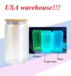 Local warehouse sublimation 16oz glass can glow in the dark glass tumbler blank glasses with bamboo lid reusable straw cool beer juice can