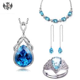 Set Jewelry Water Drop Sapphire Ring Long Tassel Ear Chain Mermaid Tears Necklace Blue Topaz Bracelet313F