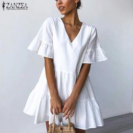 Fashion Flounce Dress Women's Summer Sundress ZANZEA Casual Ruffle Mini Vestidos Female V Neck Robe Femme