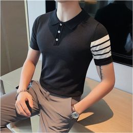 Summer Short Sleeve Ice Silk Men POLO Shirt Business Fashion Turn Down Collar Slim Fit Casual Knitted Tee Shirt Homme S-4XL 220706