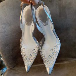 Rene Caovilla Pattern Top-quality Cleo New Crystal-embellished Pvc Pumps Shoes Spool Heels Sandals for Women Luxury Designer Dress Shoe Evening K2ze