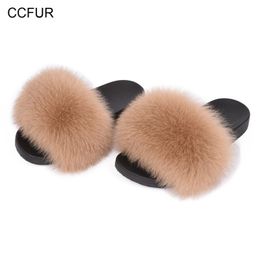 Fur Slides Real Fur Slippers Shoes Flip Flops Flat Fluffy Fur Sliders Retail Wholesale S6018F Y200107