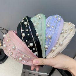 2022 Fashion Women Headband Wide Side Big Pearls Hairband Fashion Centre Knot Headwear Femme Candy Colour Turban Hair Accessories